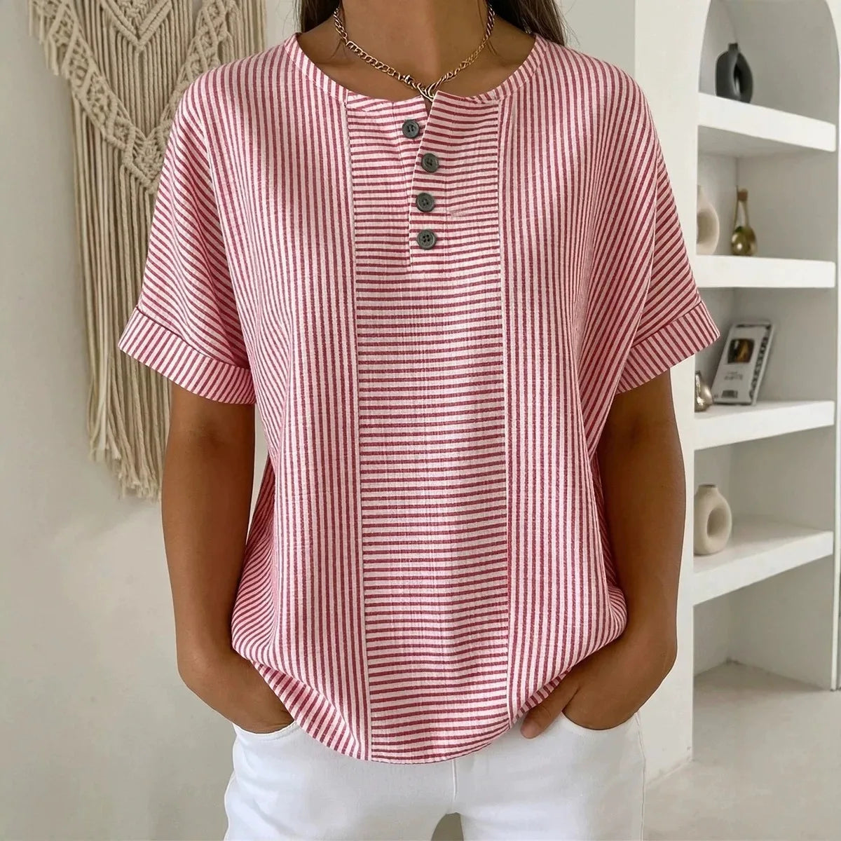 (Pague 1 Leve 2) Blusa Euddora Com Listras Delicadas e Botões Frontais