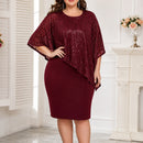 Vestido Midi Liz com Sobreposição Assimétrica, Detalhes Brilhantes e Decote Arredondado