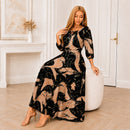 Vestido Longo Veloria com Estampa Abstrata, Cintura Marcada e Mangas 3/4
